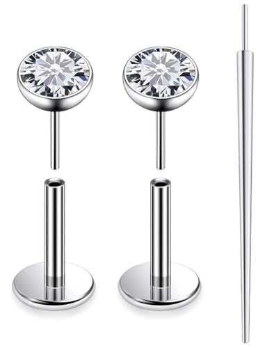 20G 18G 16G F136 Titanium Threadless Flat Back Earrings Nose Studs Tragus Forward Helix Conch Cartilage Lobe Earrings Medusa Labret Snake Bite Monroe Lip Ring Piercing Jewelry For Women Men - size: 20G-6MM Bar-CZ 3MM