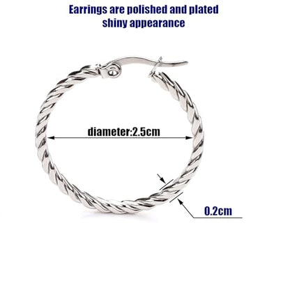 Cable Hoop Earring for Women Light-Weight Twisted Italian Design Round Hoop Earrings Diameter 25mm - color: silver