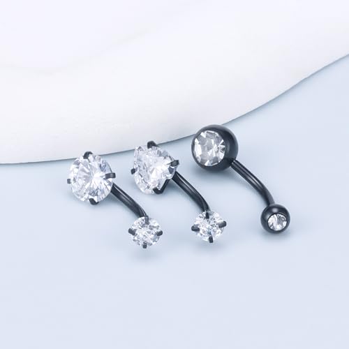 Vsnnsns 14G Dangle Belly Button Ring Piercing Jewelry 316L Stainless Surgical Steel Round Heart Cubic Zirconia Navel Rings Dangling Belly Button Ring Piercing Jewelry for Women 14 Gauge Hypoallergenic - color: Black-14MM Bar-Clear CZ
