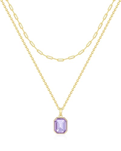 Gold Layered Necklaces for Women, 18k Gold Plated Crystal Necklace Paperclip Choker Emerald Green Jewelry for Women Gifts - color: Purple
