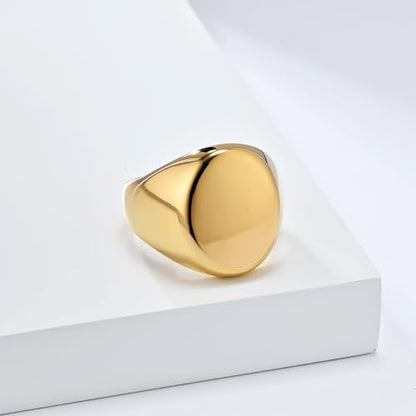 Men's Fashion Stainless Steel Oval Signet Ring Big Wide Solid Biker Band Polished Comfort Fit Silver/Gold/Black - color: Gold