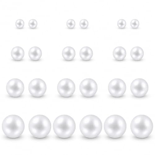 12 Pairs Simulated Pearl Stud Earrings Set for Women Men Beige White Black | 4 6 8 10 mm Faux Pearl Earrings Studs Pack, 316L Surgical Stainless Steel, Hypoallergenic for Sensitive Ears - color: White
