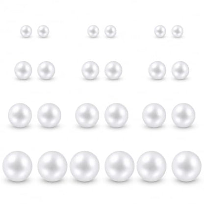 12 Pairs Simulated Pearl Stud Earrings Set for Women Men Beige White Black | 4 6 8 10 mm Faux Pearl Earrings Studs Pack, 316L Surgical Stainless Steel, Hypoallergenic for Sensitive Ears - color: White