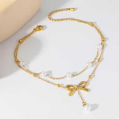 Kokoma Bow Knots Pearl Dangle Anklet for Women Elegant Bows Double Layered Anklets Chain Stackable Adjustable Foot Link Chains Jewelry Stainless Steel