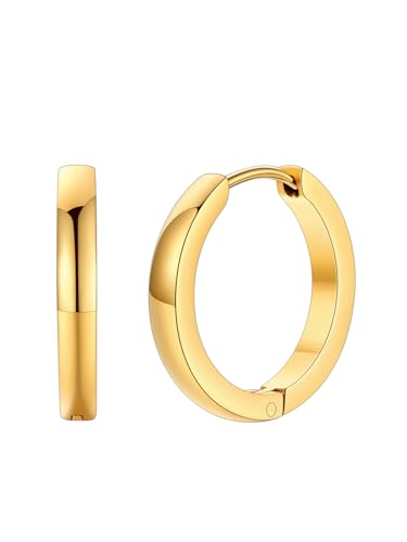 FaithHeart Stainless Steel Black/Silver/Gold Huggie Hoop Earrings for Men | Hypoallergenic Small Hoop Earrings Lightweight Sleeper Earrings Waterproof Cartilage Piercing Jewelry Gift 8-16mm - color: Gold-Flat, size: Diameter 16mm