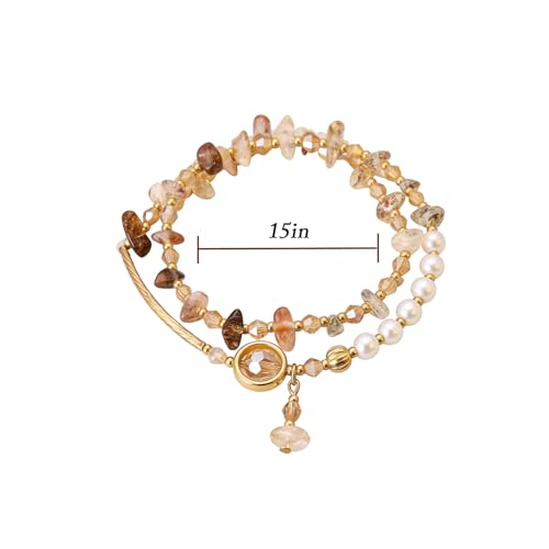 Wrap Bracelet for Women,Crystal Chip & Faux Pearl Beaded Double Layer with Gold-Tone Pendant, Boho Minimalist Style, Adjustable Fit