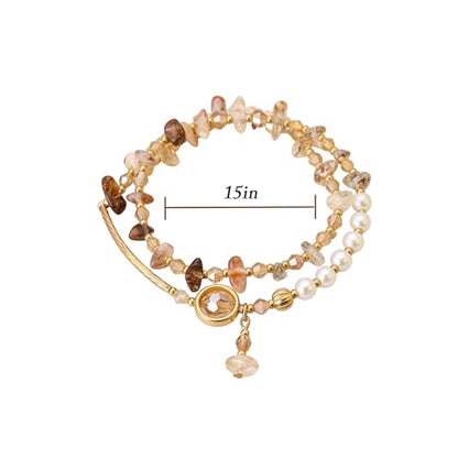 Wrap Bracelet for Women,Crystal Chip & Faux Pearl Beaded Double Layer with Gold-Tone Pendant, Boho Minimalist Style, Adjustable Fit