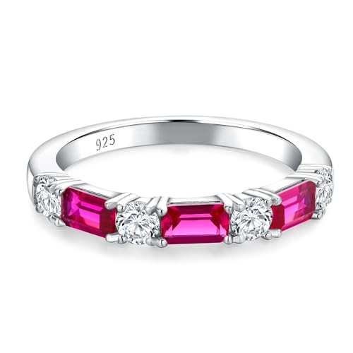 3.5mm Half Eternity Band Sterling Silver Rings for Women Sapphire/Ruby/Emerald and Cz Wedding Bands 7 Stone Stackable Birthstone Ring Anniversary Jewelry Size 6-10 - color: 07-Ruby-Jul.