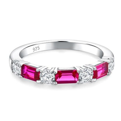 3.5mm Half Eternity Band Sterling Silver Rings for Women Sapphire/Ruby/Emerald and Cz Wedding Bands 7 Stone Stackable Birthstone Ring Anniversary Jewelry Size 6-10 - color: 07-Ruby-Jul.