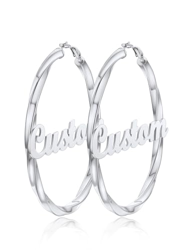 FindChic Twisted Hoop Earrings for Women, Silver/Black/14K Gold Plated Hypoallergenic Hollow Tube Rounded Loop Earrings, 30mm/40mm/60mm/80mm Hoops with Custom Name Options and Gift Box - color: e.Silver (Custom Name), size: 80MM