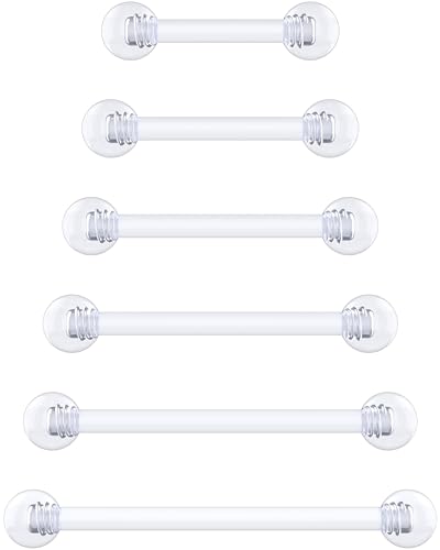 Plastic Tongue Rings For Surgery - Clear Plastic Tongue Rings For Work - Hypoallergenic Straight Barbell Bioflex Ring Piercing Jewelry - Clear Industrial Piercing Jewelry - color: 16g - 6mm-16mm (6 set)