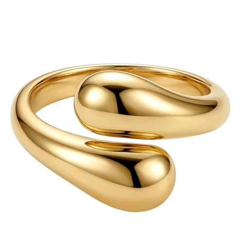 Adjustable Gold Teardrop Ring for Women - 18K Gold Plated Minimalist Open Wrap Water Drop Ring, Bold Chunky Statement Jewelry, Gift for Her