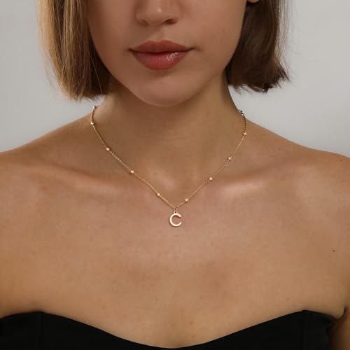 Initial Necklace for Women 14K Gold Silver Dainty Letter Necklace | Personalized Monogram Name Charm Pendant, Simple Bead Chain, Trendy Jewelry Gift, Non Tarnish - style: C