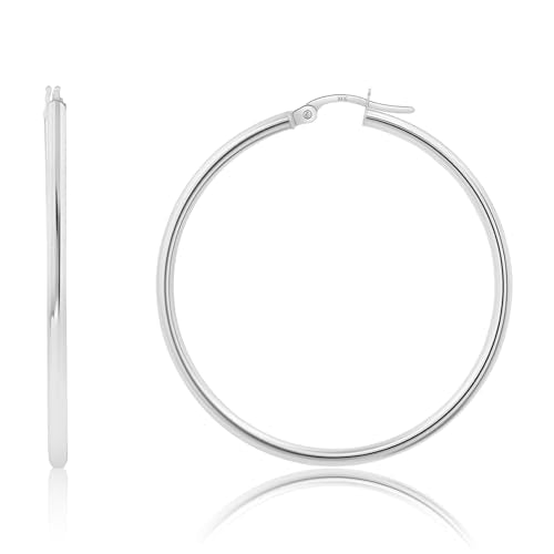 10k or 14k Gold Hoop Earrings for Women | Hypoallergenic Small to Large 12MM to 50MM Hoop Earrings with Secure Click Tops | Yellow or White Gold Classic Hoops in 2MM Thick Tube by MAX + STONE - color: 10K White Gold, size: 40mm | 1.5 inches Diameter