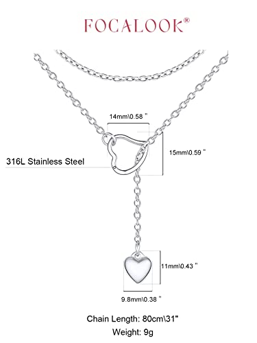 FOCALOOK Heart Lariat Necklaces for Women, Long Slip Chain Necklace | Hypoallergenic 316L Stainless Steel Silver/Black/Gold Plated, Front Slider Closure, Non Tarnish, Layered look, Everyday Wear - color: 02:Silver Heart