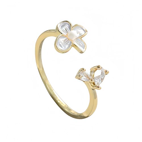 Mettclasi Women's 14K Gold Plated Stackable Ring Crystal Inlaid Dainty Trendy Cute Adjustable Open Twist Rings Jewelry Gifts - style: Flower
