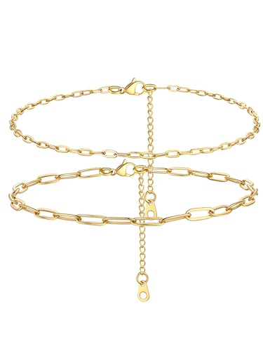 PROSTEEL Ankle Bracelets for Women, Silver/Gold/Black, Waterproof Anklets | Waterproof, Stainless Steel, Summer Beach Jewelry, Durable & No Tarnish, Come with Gift Box, 8-10.5" Adjustable, Plus Size - color: K: gold-paperclip chain(2pcs)