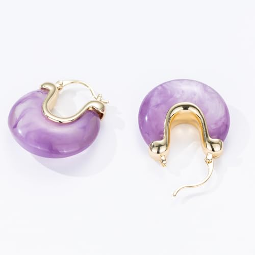 Chunky Gold Resin Hoop Earrings Leverback Statement Huggie Hoops Dangle Drop Dressy Earring Prom Festival Vacation Jewelry for Women - color: Purple, size: Drop