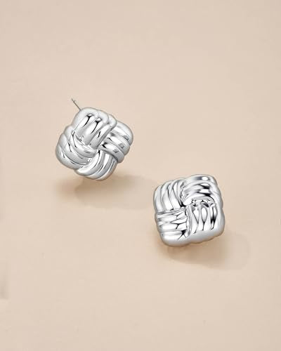 SNGIA 18K Gold Plated Chunky Statement Stud Earrings for Women by SNGIA, Geometric Square Triangle Irregular Knot Dome Earrings, Ribbed Ribbon Textured Gold Silver Fashion Jewelry Gift - style: Silver Plated, Square