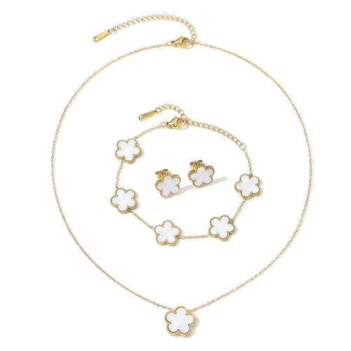Clover Neckalce Earring Set for Women 14K Gold Plated Stainless Steel Four Leaf Clover Jewelry Set - color: G-White