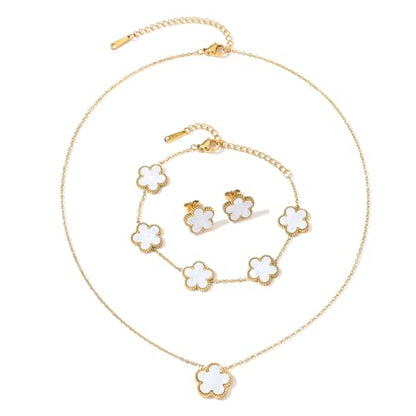Clover Neckalce Earring Set for Women 14K Gold Plated Stainless Steel Four Leaf Clover Jewelry Set - color: G-White