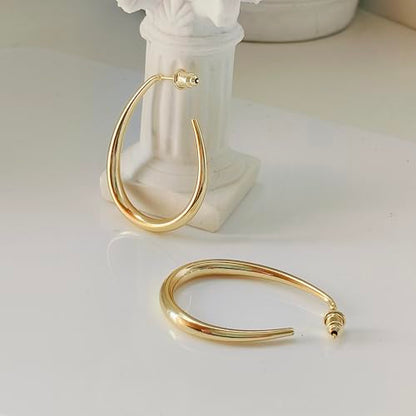 OGD Teardrop Hoop Earrings for Women 14K Gold Plated Large Chunky Oval Pull Through Hoop Earrings Statement Jewelry Gift for Women Hypoallergenic - color: Oval Earrings-Gold