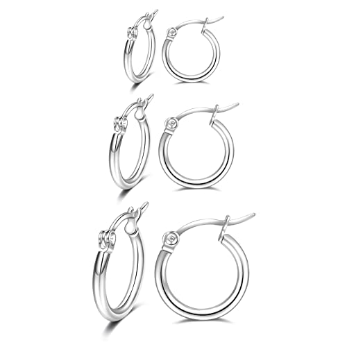 PABBEU 925 Sterling Silver Small Hoop Earrings Set for Women Hypoallergenic | 3Pairs Cubic Zirconia Small Huggie Hoop Earrings Set 13/15/20mm,Nickel-Free Lightweight Comfortable Sleeper Earrings Gift Set - color: 13/15/20mm T Silver