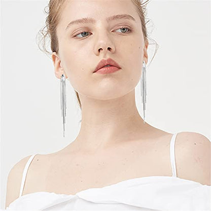 14k Gold Long Tassels Chain Dangle Drop Earrings for Women Black Silver Punk Sleek Metal Chain Earrings Wedding Bridesmaid Jewelry - color: Silver