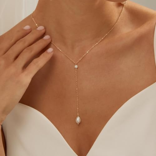 Natural Freshwater Pearl Lariat Necklace, 18K Gold Plated Y-Drop Necklace for Women, Hypoallergenic