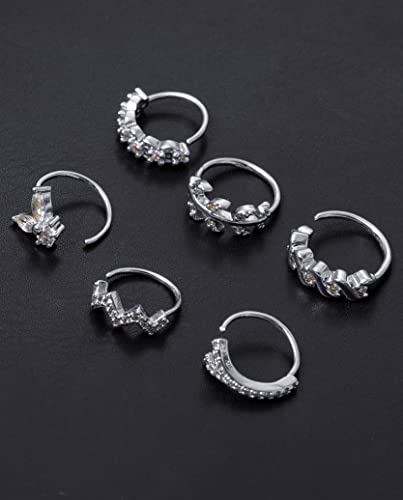 Akeoqi 12Pcs Nose Ring Hoop Cartilage Earring Cute Leaf Star CZ Butterfly Paved Nose Piercing Jewelry for Women men Silver Gold Plated 20G - color: A:Silver1