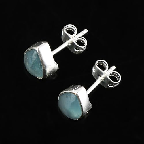 Aquamarine Birthstone Crystal Stud Earrings Pair for Women, Pear Cabochon, Healing Earrings Set, Women Jewelry, Dainty, Hypoallergenic Silver Plated (1 Pair) (8x6mm Stone)