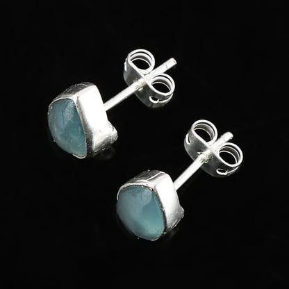 Aquamarine Birthstone Crystal Stud Earrings Pair for Women, Pear Cabochon, Healing Earrings Set, Women Jewelry, Dainty, Hypoallergenic Silver Plated (1 Pair) (8x6mm Stone)