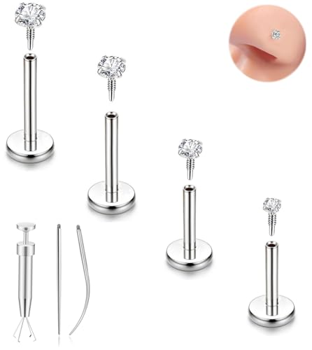 16G 18G 20G Hypoallergenic Threadless Flat Back Nose Studs Women | Medical Steel, CZ 1.5-3mm, Nostril Tragus Helix Piercing, A Secure Fit And Everyday Wear For Sensitive Skin - color: Silver-16G-E