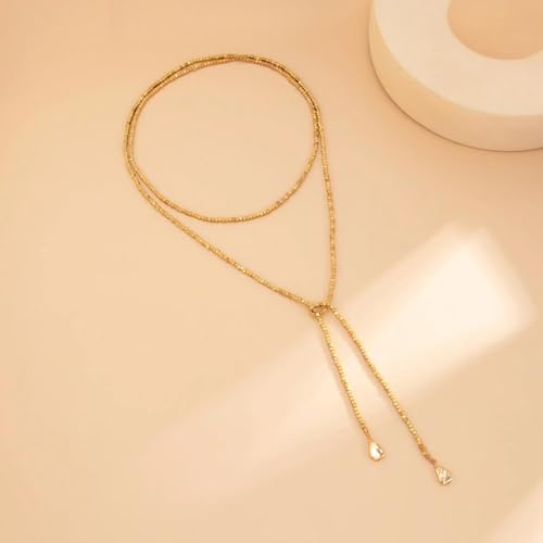 FUTIMELY Gold Long Body Chain Tassel Pendant Necklace for Women,Shiny Metallic Cube Beaded Adjustable Y Drop Lariat Necklace Minimalist Textured Jewelry - color: Golden