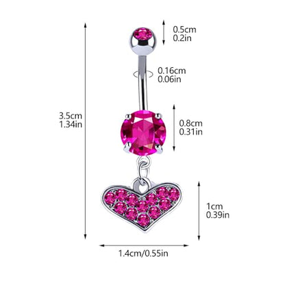 Rhinestone Heart Dangle Belly Button Ring for Women Stainless Steel Sparkle Crystal Love Heart Navel Curved Barbell Rings Piercing Body Jewelry - color: Pink