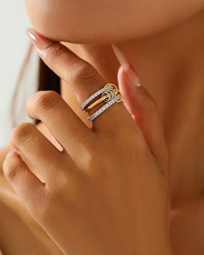 14K Gold Interlocking Stackable Rings for Women – Silver Gold Stack Ring Set with CZ, Two Tone Interlocked Stacked Ring, Multi-layer Statement Ring Jewelry - color: Upgraded 14K Gold&Silver CZ(3Layer), size: 11