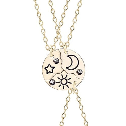 3pcs Friendship Moon Sun Star Puzzle Matching Necklace Set Gold Silver Plated Cute Crescent Round Circle Geometric Best Friend BFF Pendant Necklace for 3 Women Sisters Daughter Birthday Jewelry Gifts - color: Gold