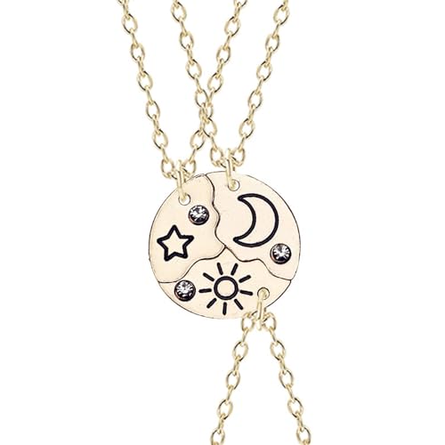 3pcs Friendship Moon Sun Star Puzzle Matching Necklace Set Gold Silver Plated Cute Crescent Round Circle Geometric Best Friend BFF Pendant Necklace for 3 Women Sisters Daughter Birthday Jewelry Gifts - color: Gold