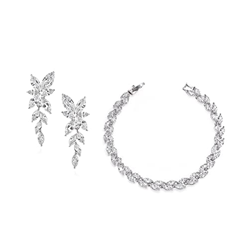 Elegant Marquise CZ Wedding Jewelry Set for Women Bride Bridesmaid | Sparkling Cubic Zirconia Earrings Bracelet, Prom Homecoming & Formal Occasions Accessories - color: White Gold