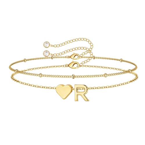 M MOOHAM Initial Bracelets for Women Teen Girls - Heart Letter A-Z Bracelet | Dainty 14K Gold Plated Jewelry, Heart Initial Bracelet, Bracelets for Women Girls Trendy, Birthday Gifts for Women Girls Her - color: Gold - R