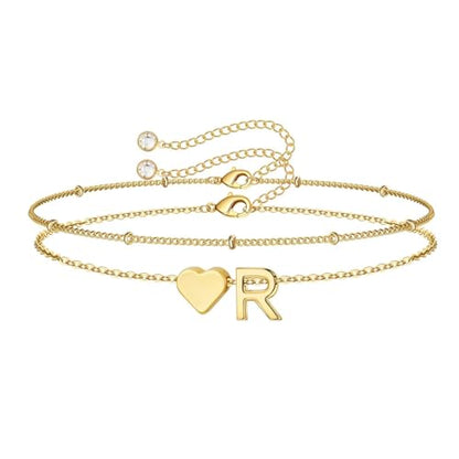 M MOOHAM Initial Bracelets for Women Teen Girls - Heart Letter A-Z Bracelet | Dainty 14K Gold Plated Jewelry, Heart Initial Bracelet, Bracelets for Women Girls Trendy, Birthday Gifts for Women Girls Her - color: Gold - R