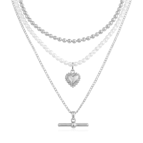 Layered Necklaces for Women Pearl Necklace Stack Gold T Bar Necklace Set Dainty Heart Pendant Jewelry Trendy 2026 Fashion Accessories Gifts - color: A4:3pcs-silver