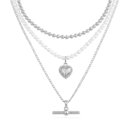 Layered Necklaces for Women Pearl Necklace Stack Gold T Bar Necklace Set Dainty Heart Pendant Jewelry Trendy 2026 Fashion Accessories Gifts - color: A4:3pcs-silver