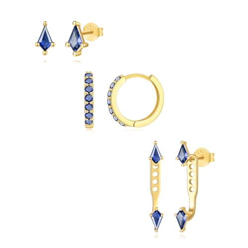 3 Pairs Stackable Kite Stud Earrings Set for Women Trendy | Dainty Birthstone Stud Gold & 925 Sterling Silver Huggie Hoop Jacket Stack Earrings for Women 2026 - color: Gold-Blue Sapphire