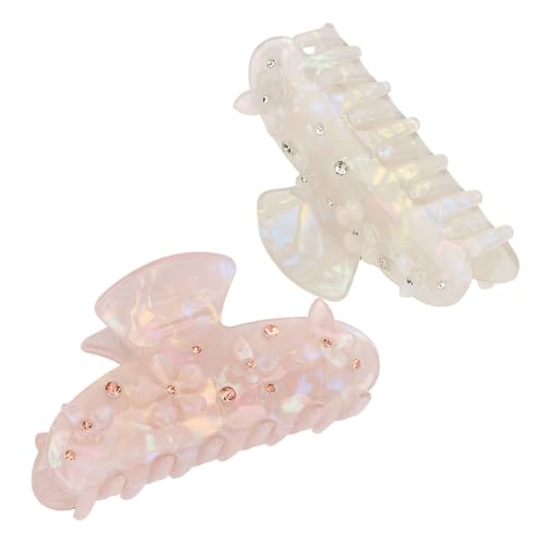2 Pack Hair Claw Clips, White Pink Rhinestone Floral Large Shark Clips for Thick Hair Women Hair Accessories - color: White and Pink -1