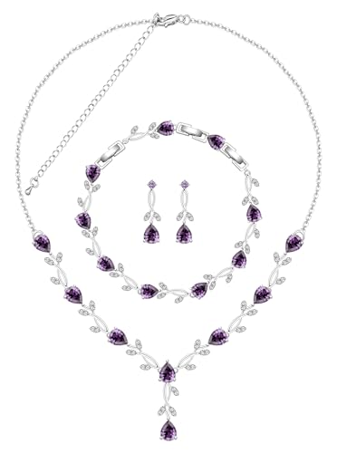 Jewelry Set for Women Bride Bridesmaid Wedding Party Prom Necklace Earrings Bracelet Set Gift for Mother Wife Friend - color: Purple