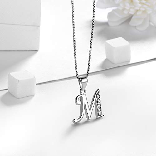 Aurora Tears Letter Necklace Initial 925 Sterling Silver Alphabet Pendant Crystal Name Gift Women Cubic Zirconia Jewelry - color: M