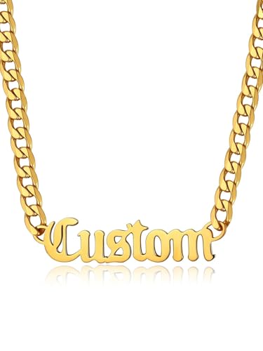 GoldChic JEWELRY Name Necklace Personalized for Men, Womens Custom Name Plate Chain, Stainless Steel Customized Old English Nameplate Choker with Curb Chains Custom, 16 inches to 30 inches - color: Cuban Chain 6 mm - Gold