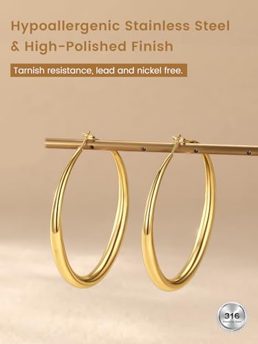 KeyStyle 5mm Thick Hoop Earring，Large Gold Hoop Earrings for Women | Stainless Steel Hoops Earring 14K Gold Plated/Silver/Black Hoop Lightweight Hypoallergenic Hollow Tube Hoop(40/60/80MM) - color: Gold, size: 60mm