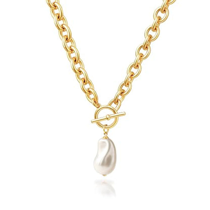 Zeffy 14K Gold/Silver Plated Chunky Thick Chain Toggle Clasp Necklace Dainty Baroque Pearl/Heart/Cross/Turquoise Pendant Necklace - color: Gold Baroque Pearl Necklace